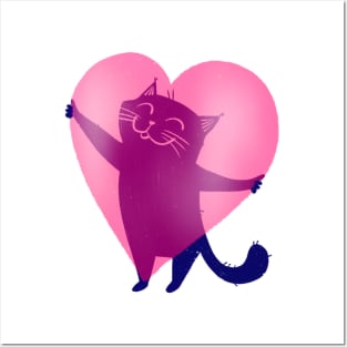 Cute blue cat holding a big pink heart - version 1 Posters and Art